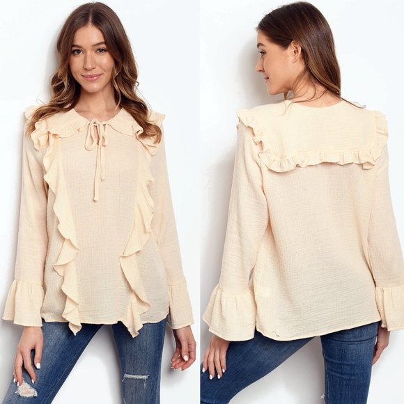 NEW Cream Cotton Gauzy Peter Pan Collar Ruffle Top - Picture 2 of 8